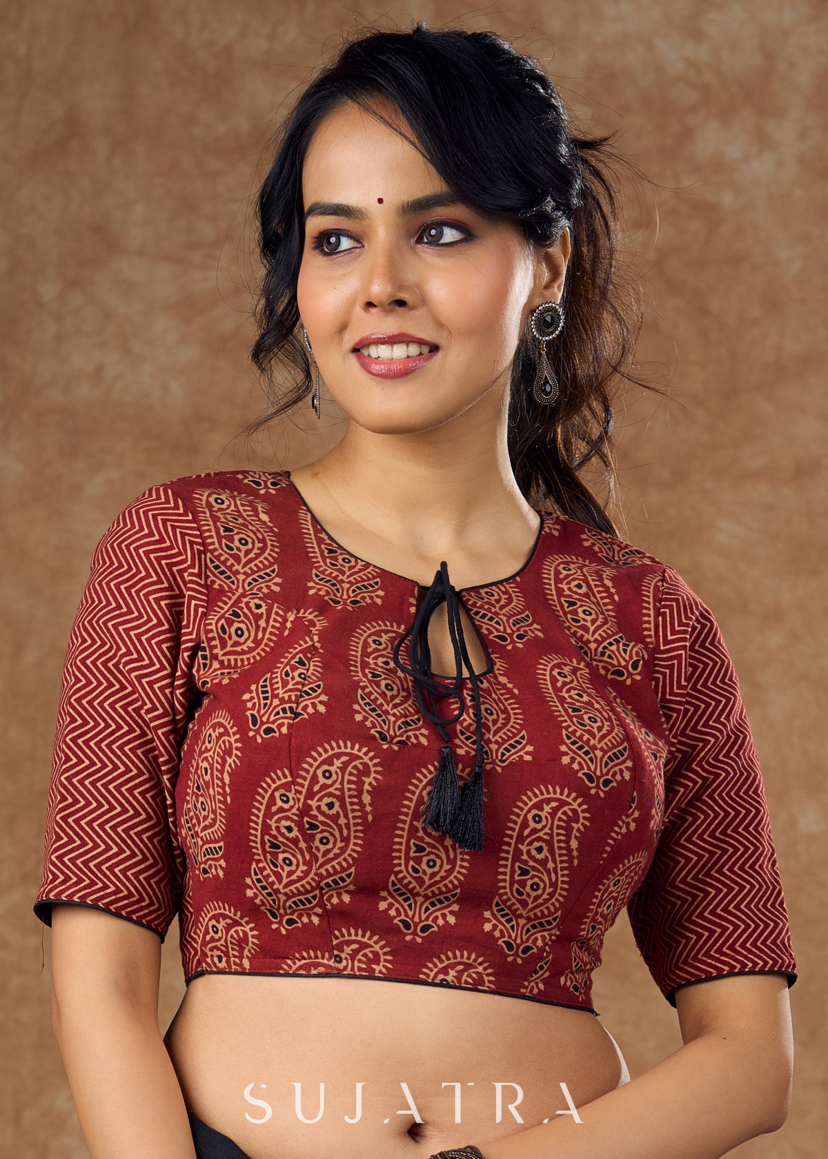 Dussehra Sale — The rich bold look of this blouse is perfectly complimented by ambi & zigzag Ajrakh details creating a truly beautiful piece