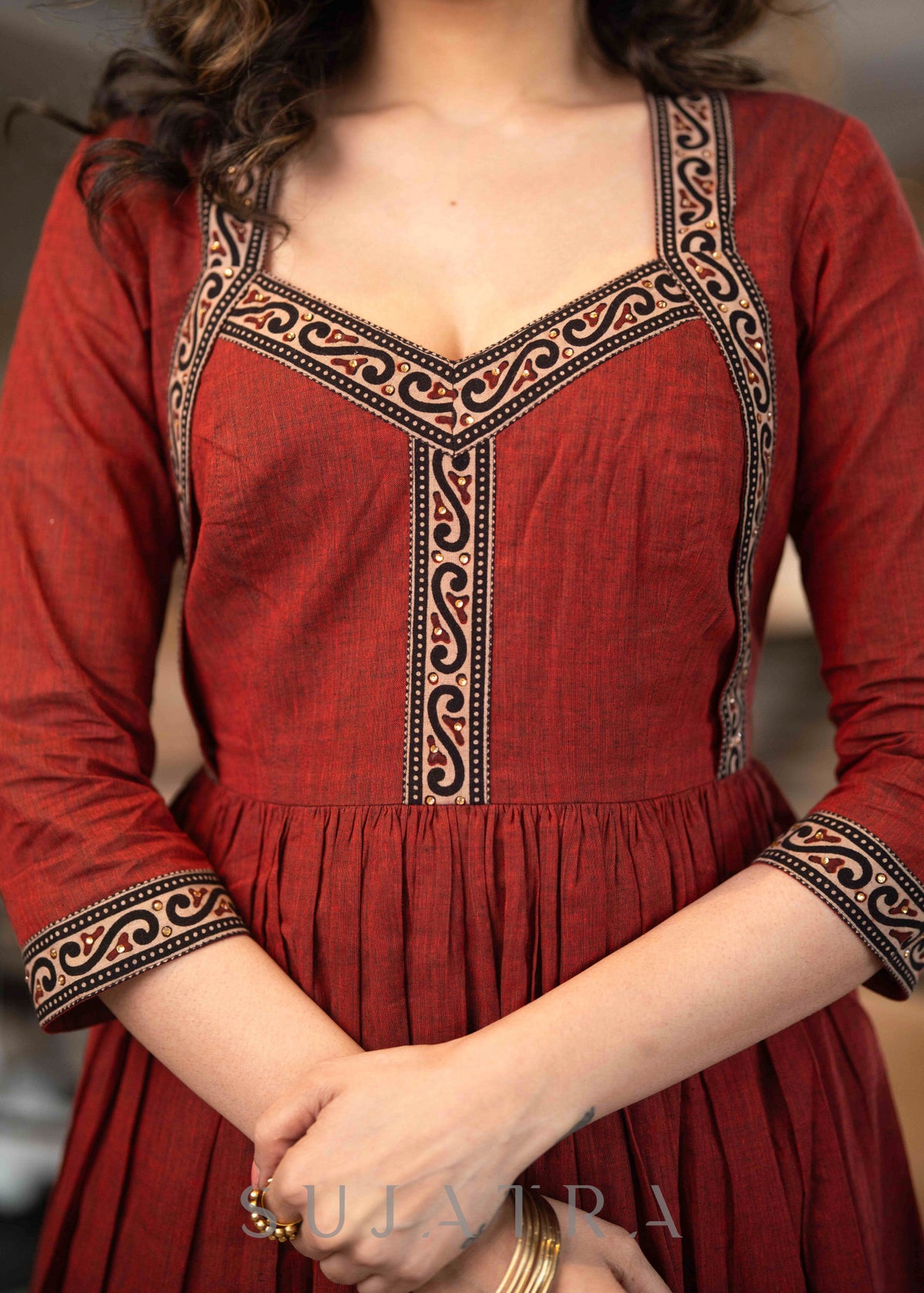 Dussehra Sale — Stylish Maroon Handloom A Line Kurta With Ajrakh Border On Yoke With Slip - Pant Optional