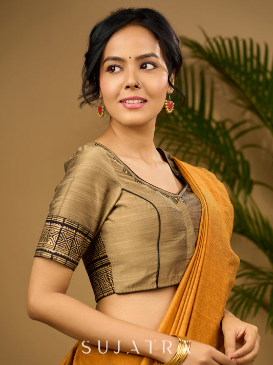 Elegant dark gold cotton silk blouse with traditional block print design - Optional Plain Saree