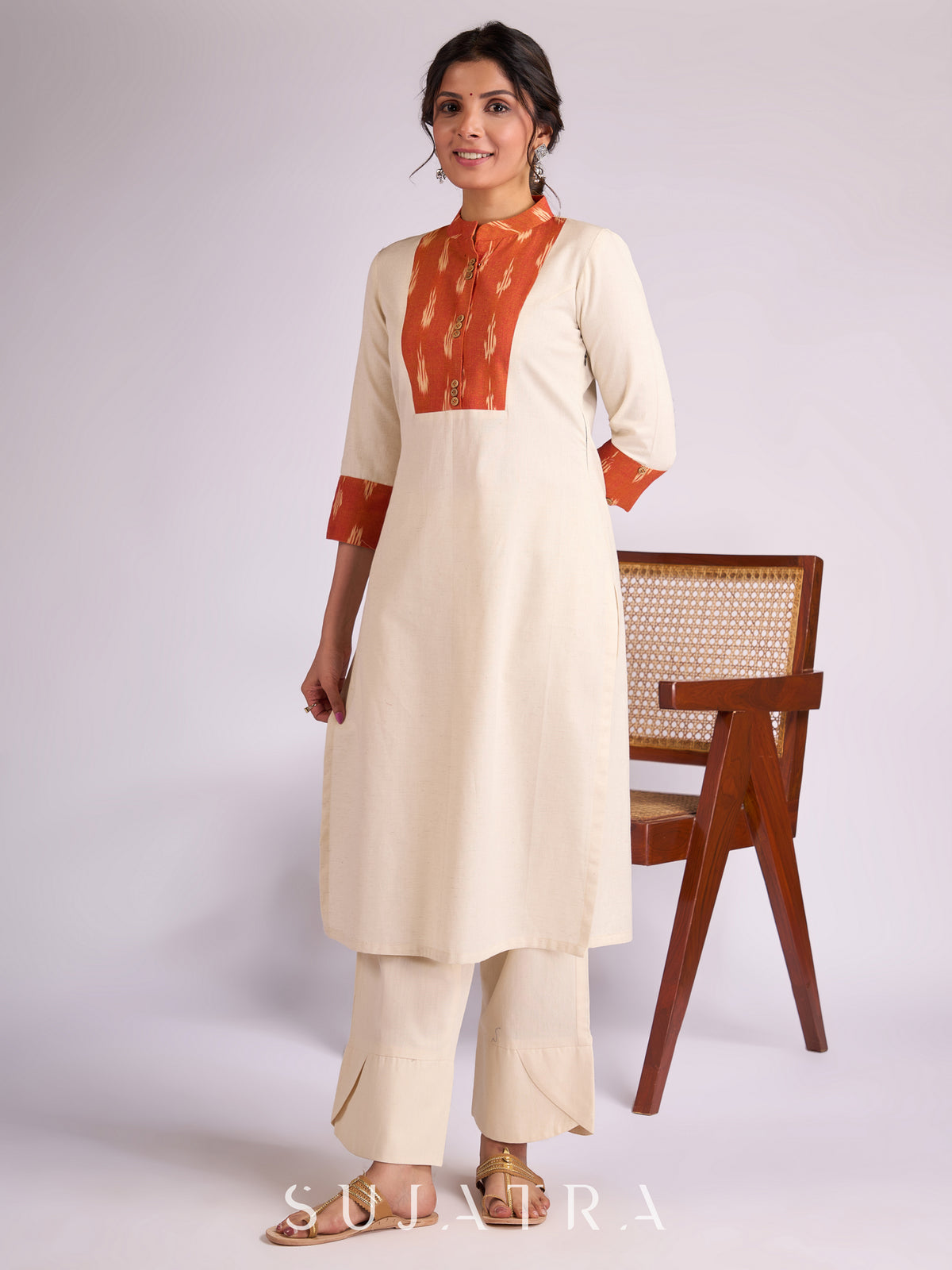 Elegant Off-White Cotton Flex Kurta with Graceful Orange Ikat Yoke, Collar & Cuffs - Pant Optional