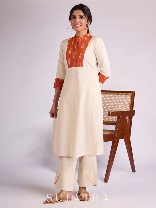 Elegant Off-White Cotton Flex Kurta with Graceful Orange Ikat Yoke, Collar & Cuffs