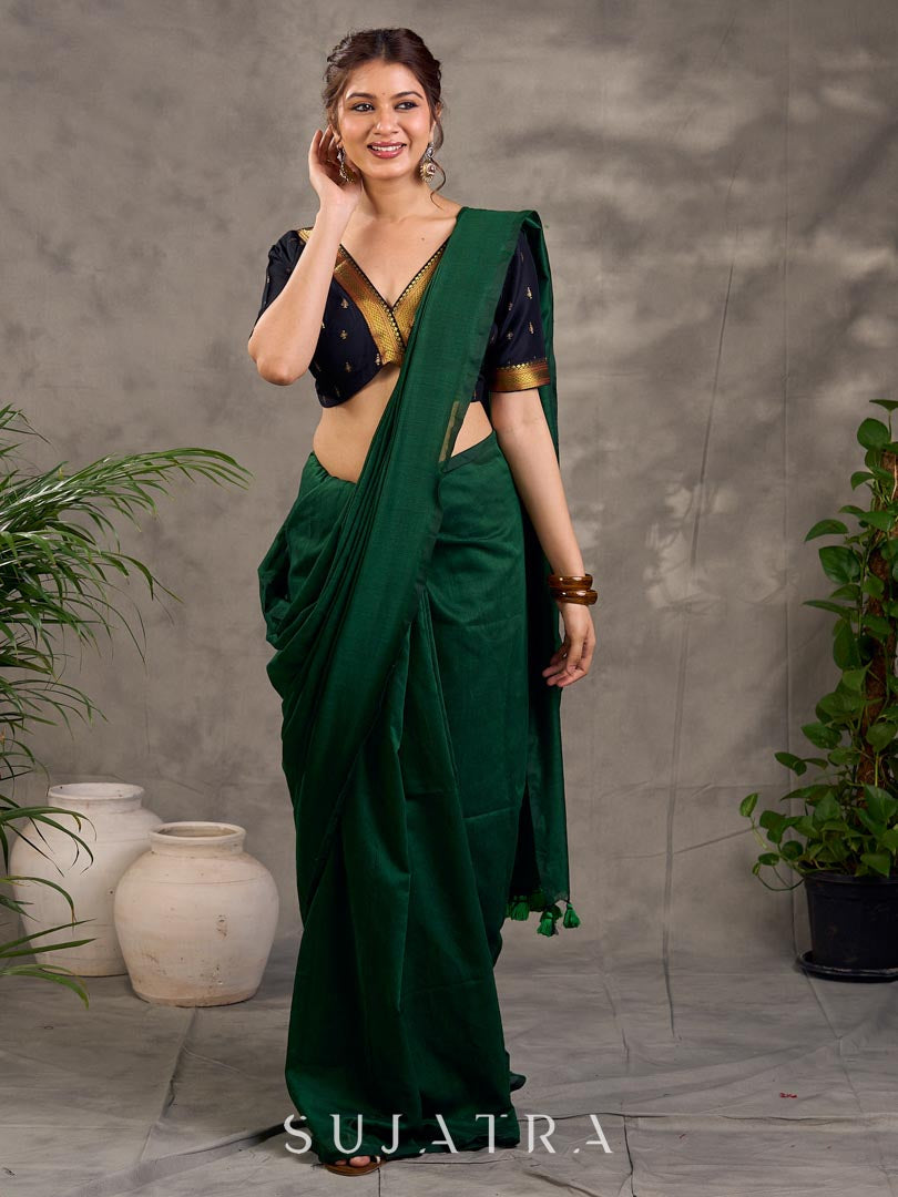 Contemporary Dark Bottle Green Cotton Saree