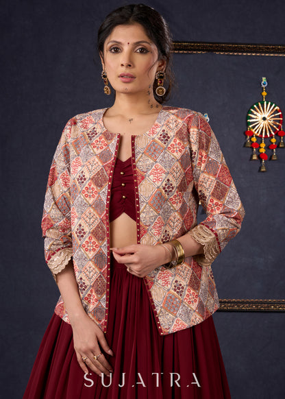 Classic Maroon Georgette Lehenga With Matching Blouse & Self-Embroidered Jacket .