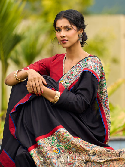 Striking Black Modal Saree with Hand-Painted Madhubani Pallu & Maroon-Blue Border