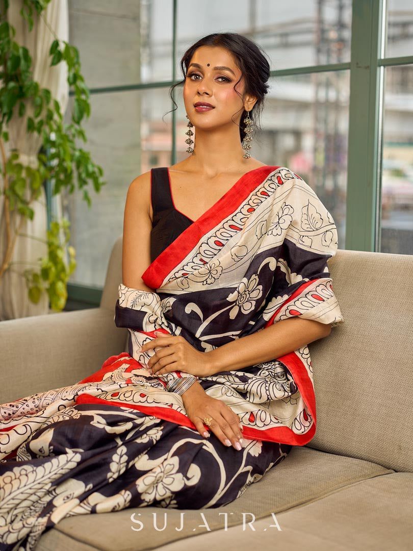 Classic Black & White Kalamkari Pure Silk Saree with Bold Red Contrast Border