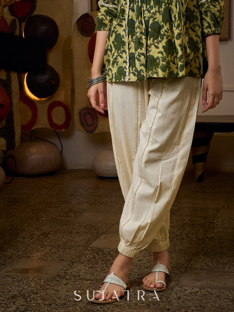 Elegant Cream And Olive Printed Gathered Top Adorned With Elegant Crochet Lace Highlights