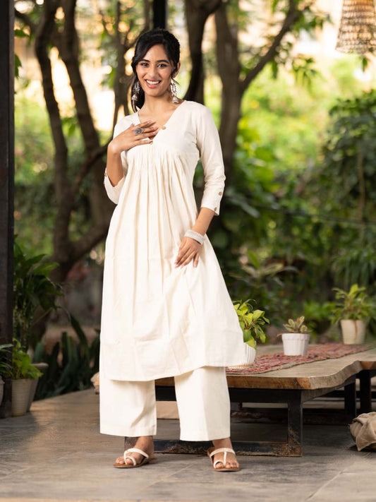 Timeless Off White Cotton Flex Gathered Kurta