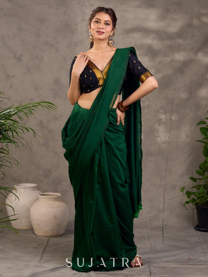 Jet Black Cotton Silk V-Neck Blouse with Gold Buti & Zari Border Detailing