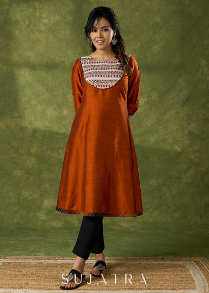 Exclusive Rust Kurta With Hand Painted Madhubani Yoke  - Pant Optional