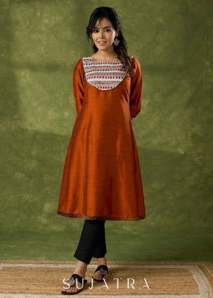 Exclusive Rust Kurta With Hand Painted Madhubani Yoke  - Pant Optional