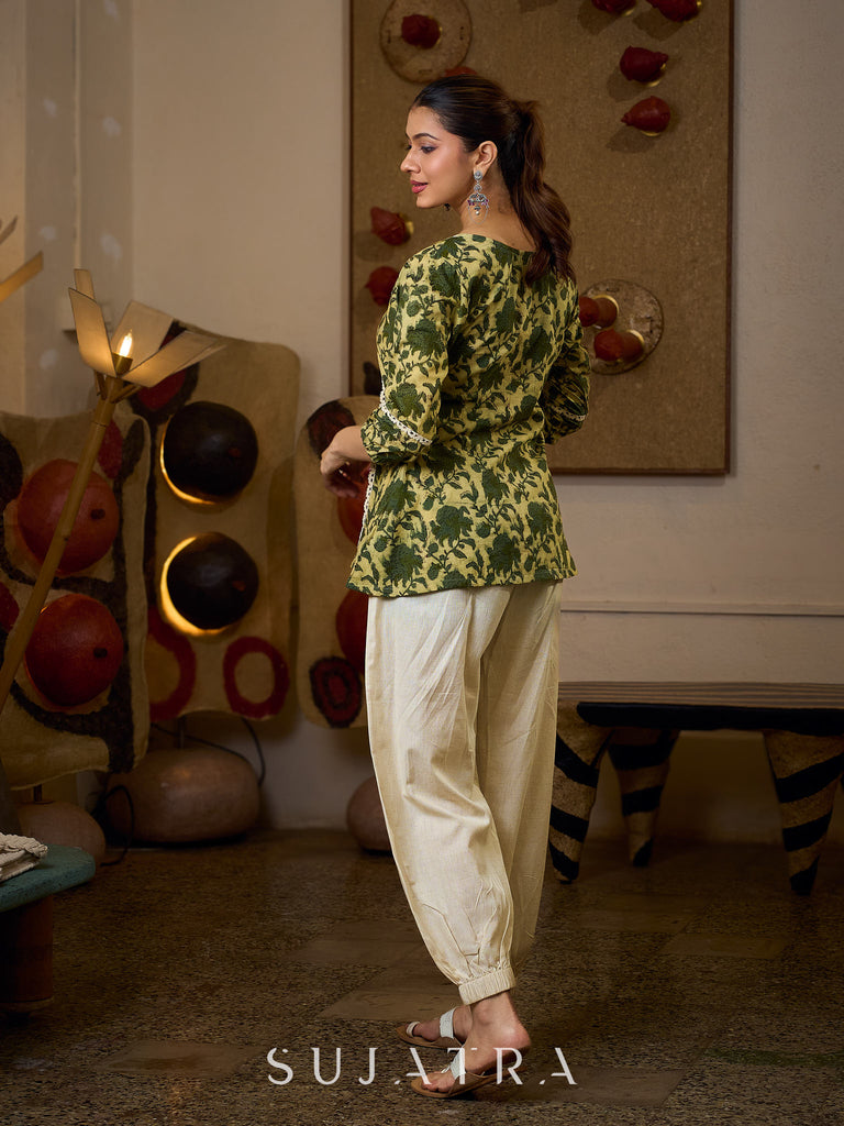 Elegant Cream And Olive Printed Gathered Top Adorned With Elegant Crochet Lace Highlights