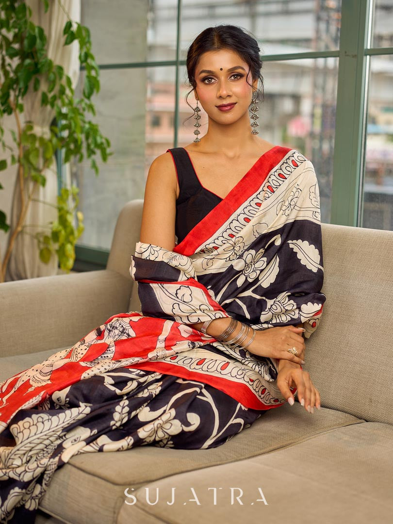 Classic Black & White Kalamkari Pure Silk Saree with Bold Red Contrast Border