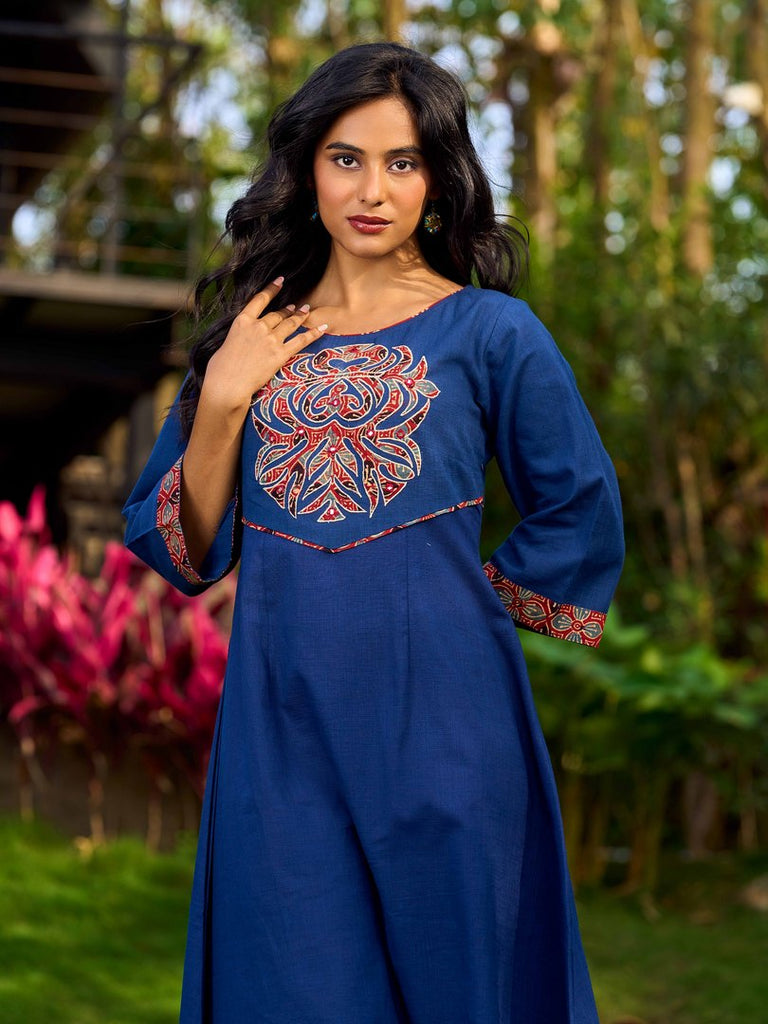 Ajrakh Appliqué Cotton Dress In Navy With Bell Sleeves And Mirror Embellishment