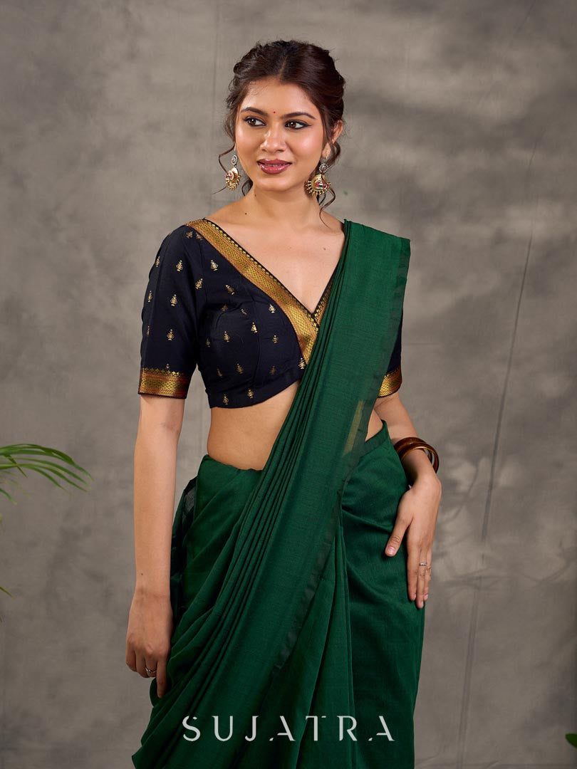 Contemporary Dark Bottle Green Cotton Saree