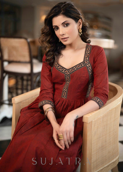 Stylish Maroon Handloom A Line Kurta With Ajrakh Border On Yoke With Slip  - Pant Optional
