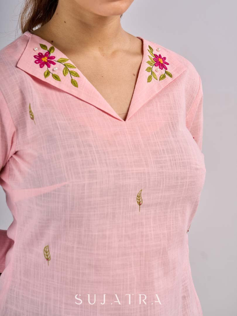 Graceful Pastel Pink Cotton Top with Handcrafted Floral Embroidery