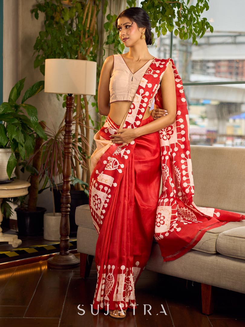 Elegant Red Pure Silk Saree with White Warli Art Print & Folk Motif Pallu