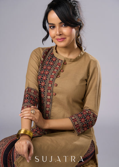 Classy Dark Beige Cotton Ajrakh Combination Tunic  - Pant Additional