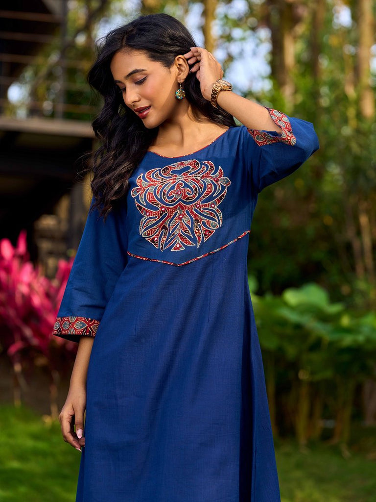 Ajrakh Appliqué Cotton Dress In Navy With Bell Sleeves And Mirror Embellishment