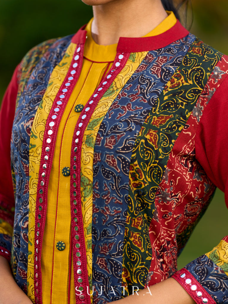 Artisanal Multicolour Panel Jacket with Intricate Ajrakh Prints and Mirror Lace Embellishments