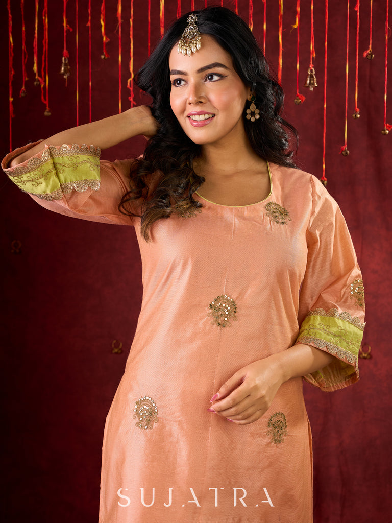 Graceful Peach-Green Combination Chanderi Kurta with Fine Embroidery