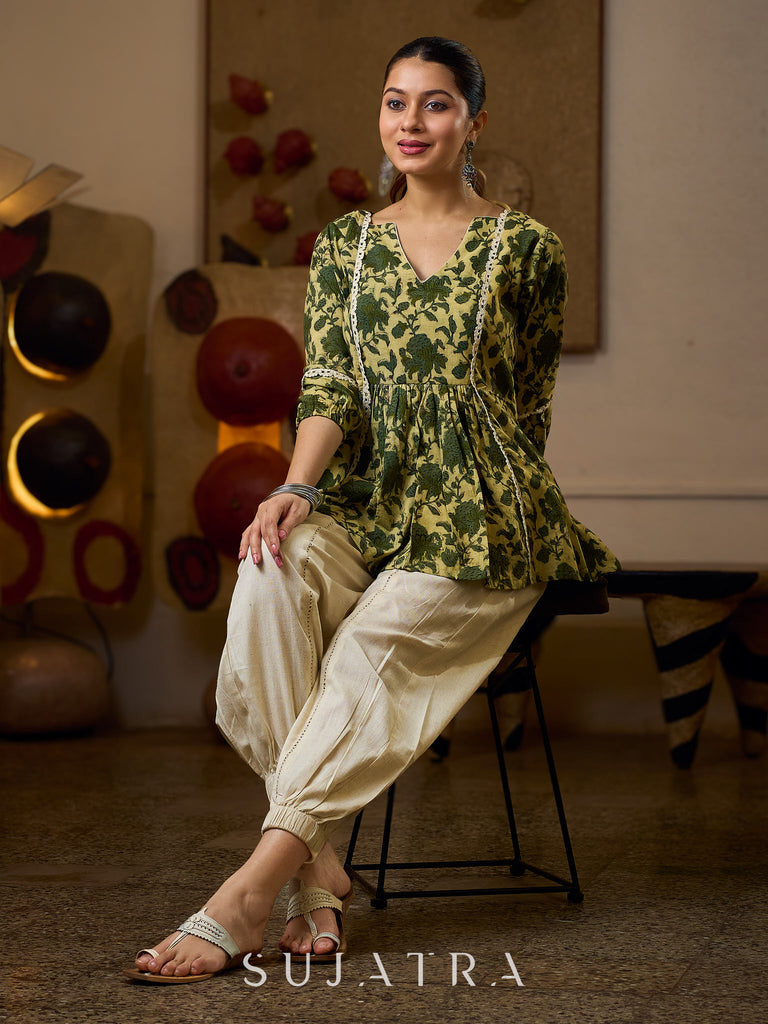 Elegant Cream And Olive Printed Gathered Top Adorned With Elegant Crochet Lace Highlights