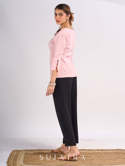 Graceful Pastel Pink Cotton Top with Handcrafted Floral Embroidery
