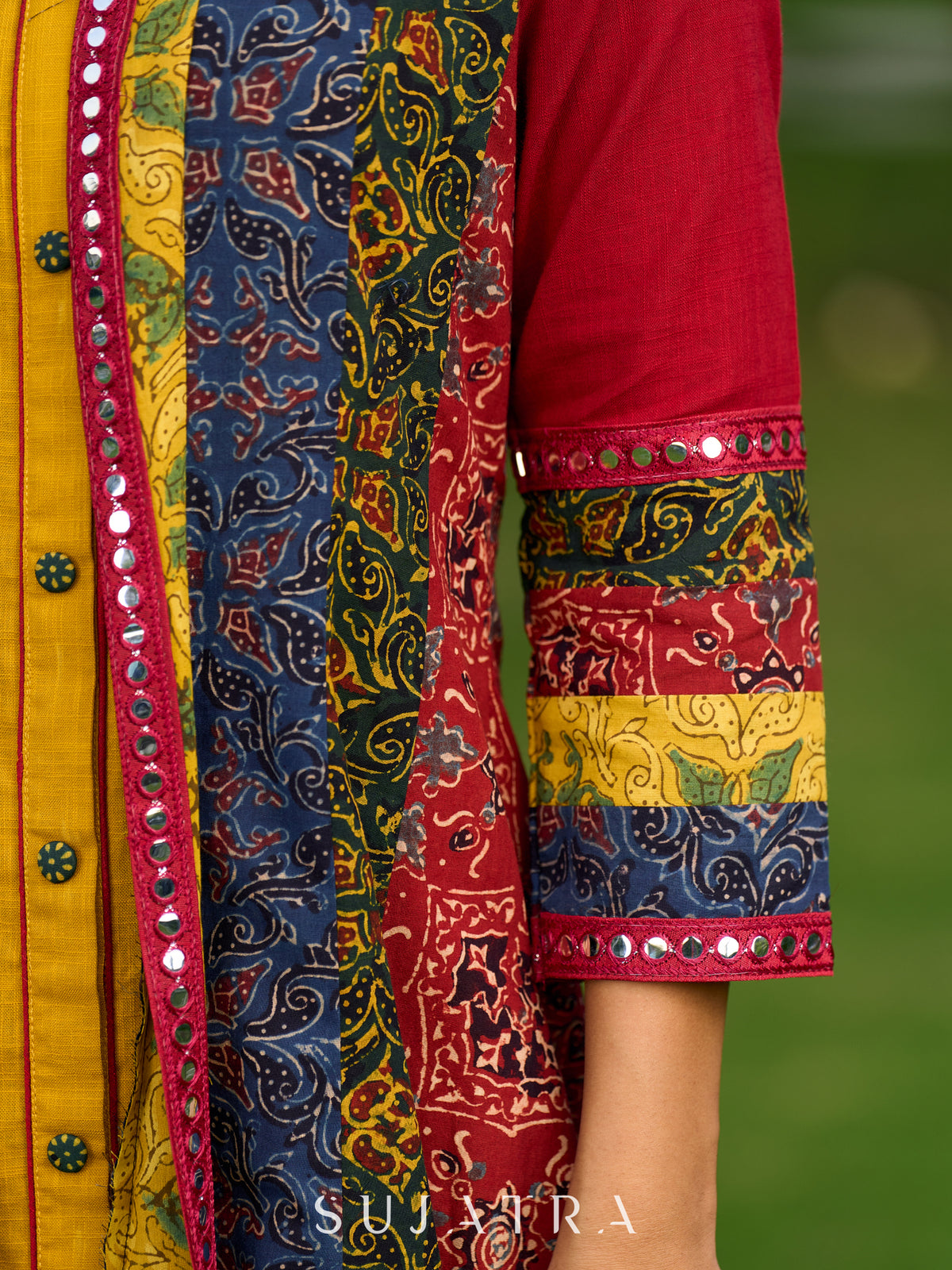 Dussehra Sale — Vibrant Ajrakh Panel Jacket Embellished With Mirror Lace Highlights - Mustard Dress Optional