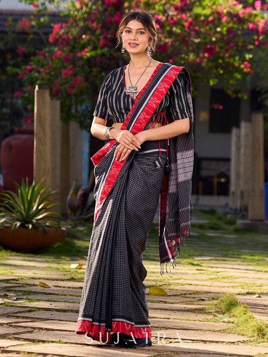 Noir Cotton Checkered Saree with Contrasting Red Ikat Accents
