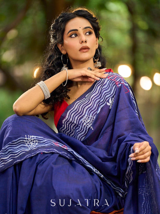 Vibrant Royal Blue Hand Block Printed Cotton Saree