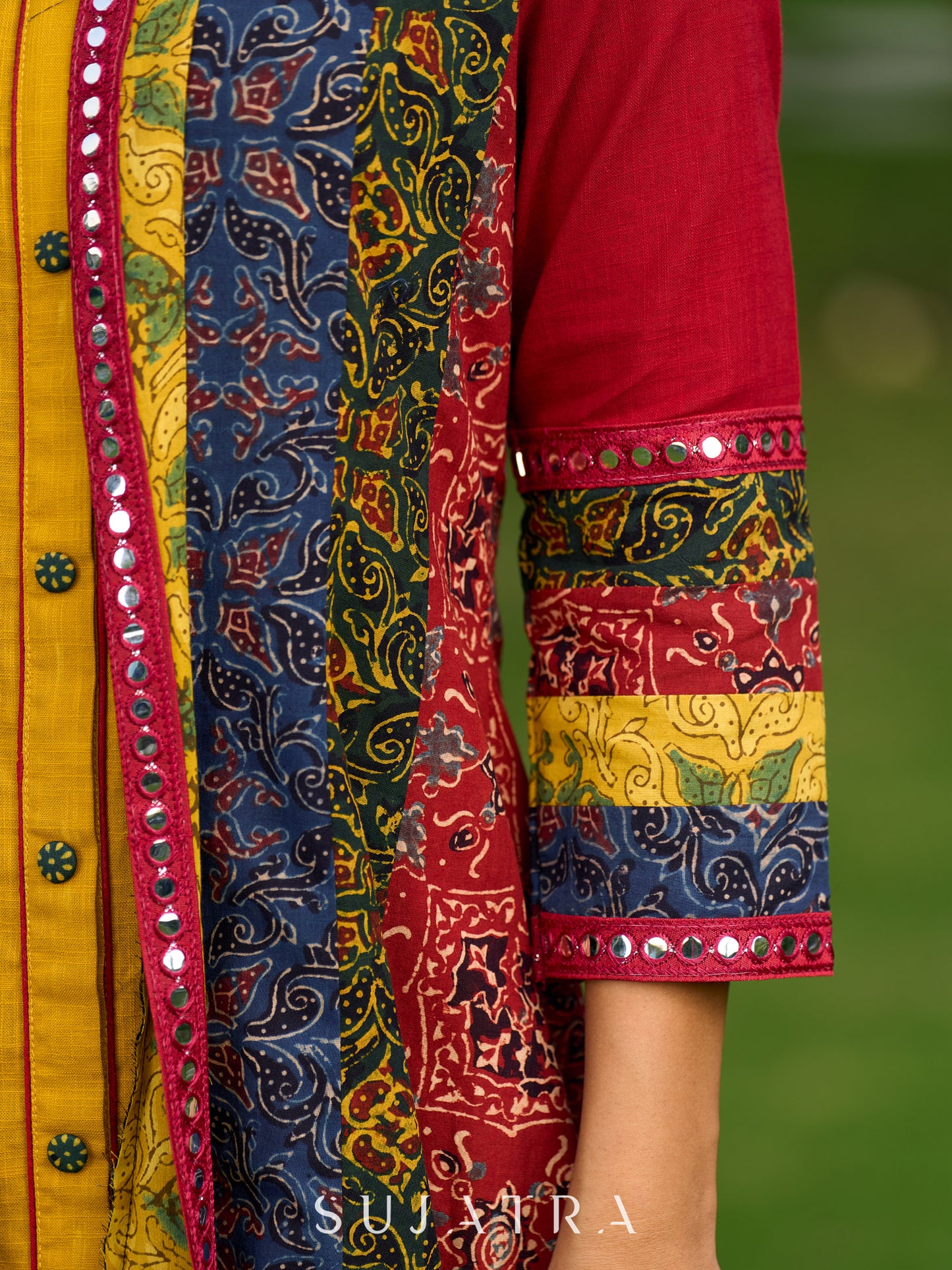 Artisanal Multicolour Panel Jacket with Intricate Ajrakh Prints and Mirror Lace Embellishments