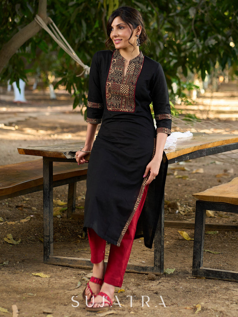 Solid Black Cotton Kurta with Ajrakh Yoke and Sleeves