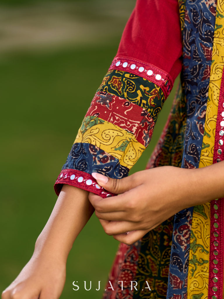 Vibrant Ajrakh Panel Jacket Embellished With Mirror Lace Highlights