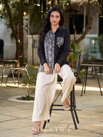 Black Cotton Shirt with Print Panel And Coin Embellishments