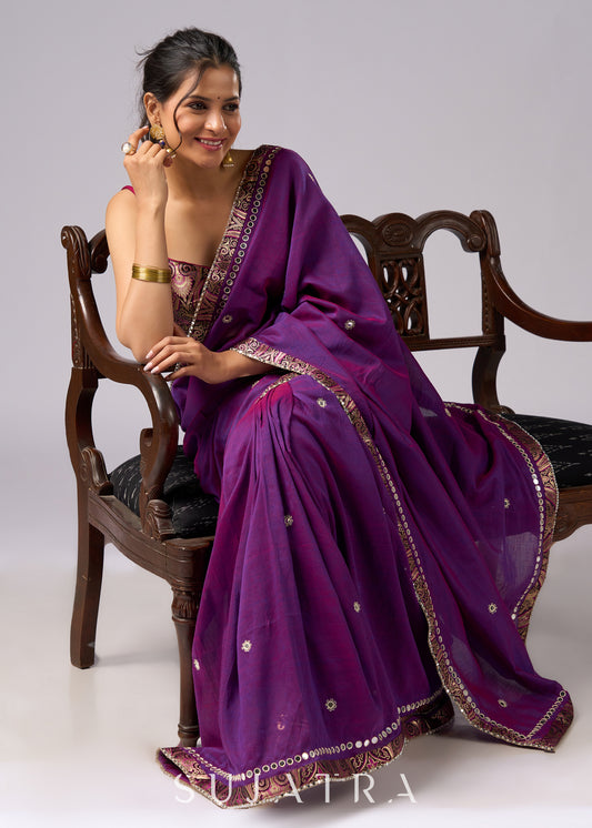 Stunning violet cotton two tone saree with hand embroidery and Banarasi border