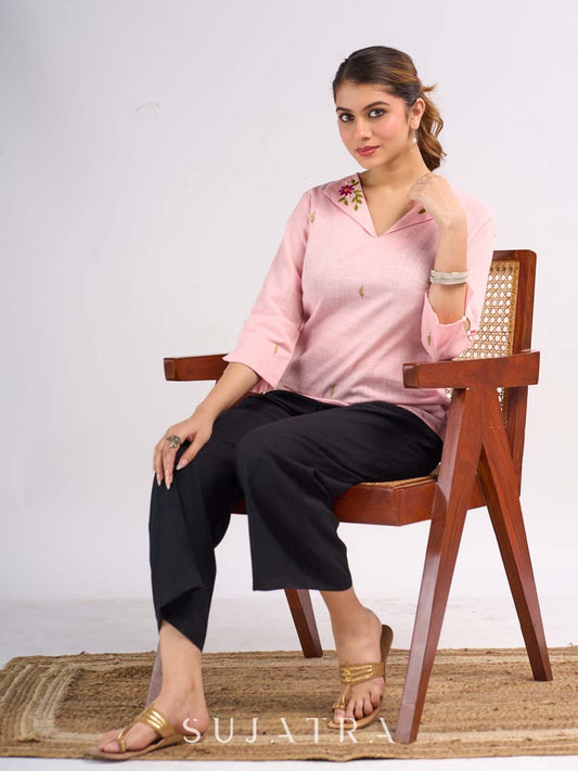 Graceful Pastel Pink Cotton Top with Handcrafted Floral Embroidery