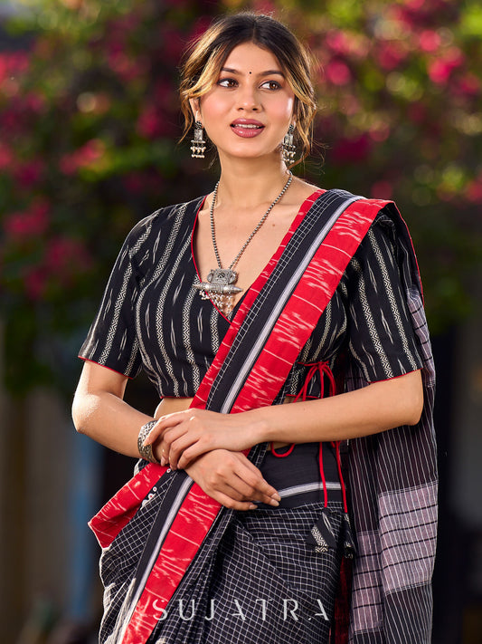 Black Cotton Checkered Saree with Contrasting Red Ikat Border