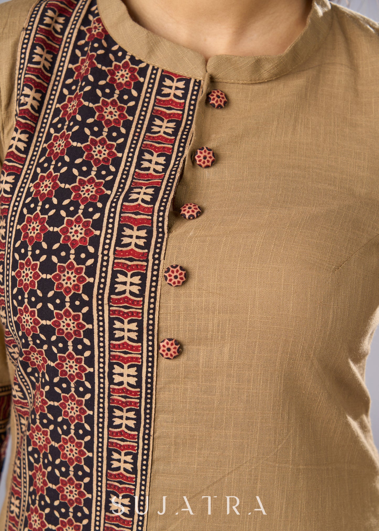 Classy Dark Beige Cotton Ajrakh Combination Tunic  - Pant Additional