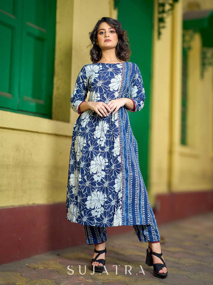 Contemporary Indigo Kurta Featuring Floral & Stripe Panels, Maroon Highlights and Asymmetric Gathered Yoke