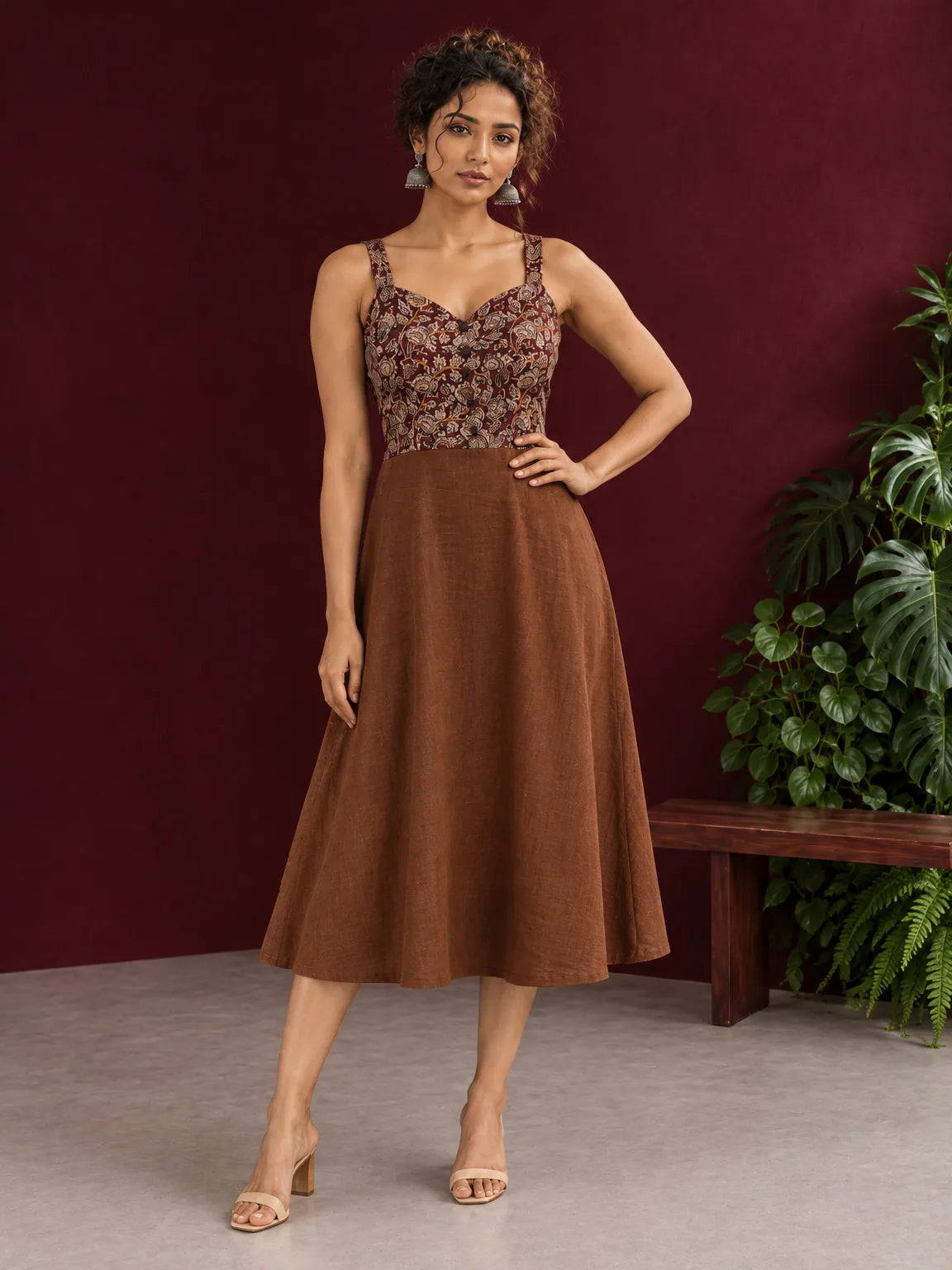Rust Brown Cotton One Piece Dress with Maroon Floral Print Bodice & Button Front Detail