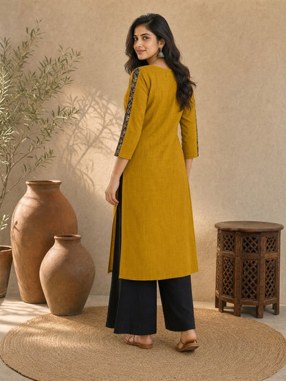 Vibrant Mustard Straight Cotton Kurta with Bold Kalamkari Floral Yoke & Sleeve Panel