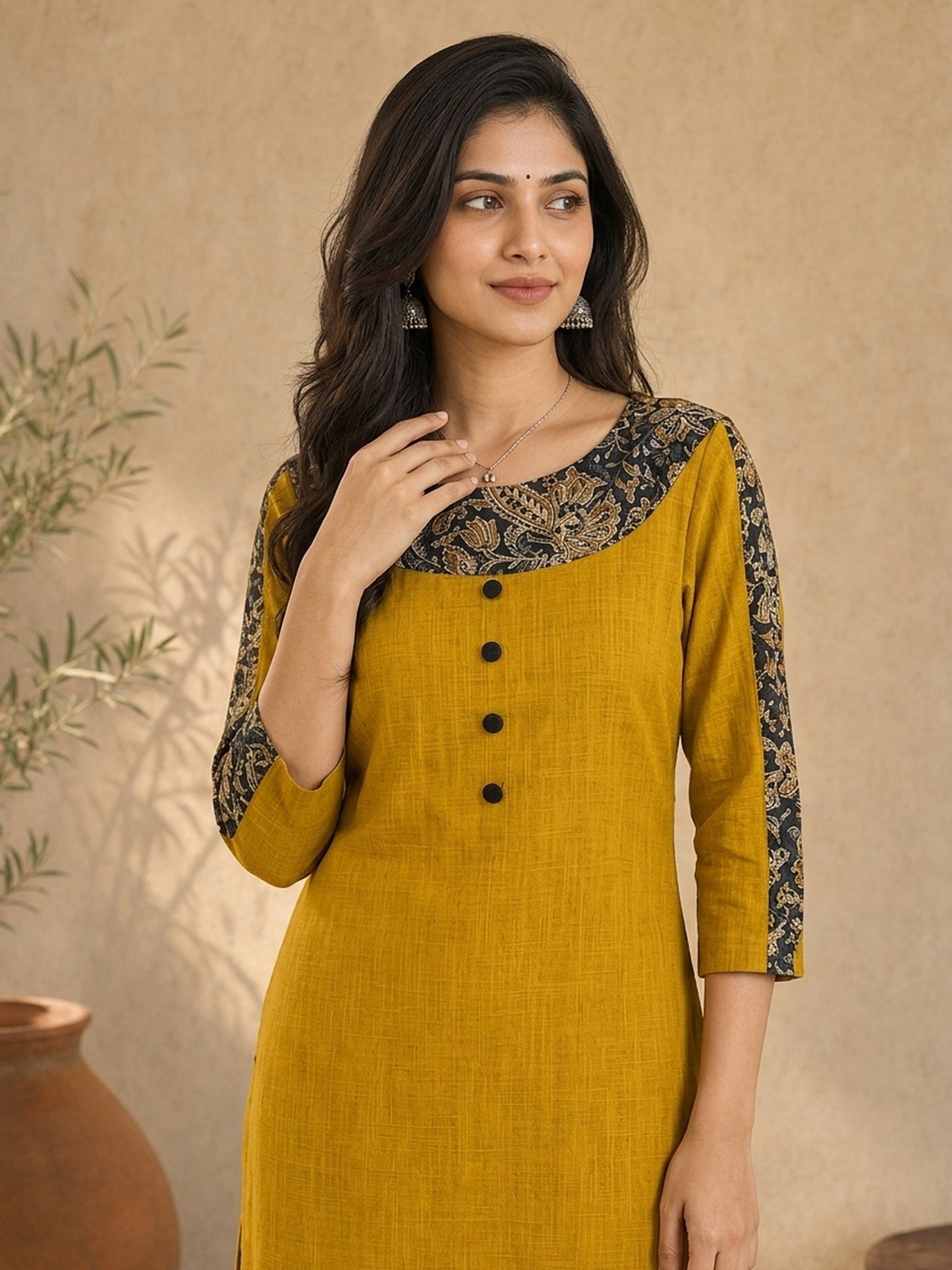 Vibrant Mustard Straight Cotton Kurta with Bold Kalamkari Floral Yoke & Sleeve Panel