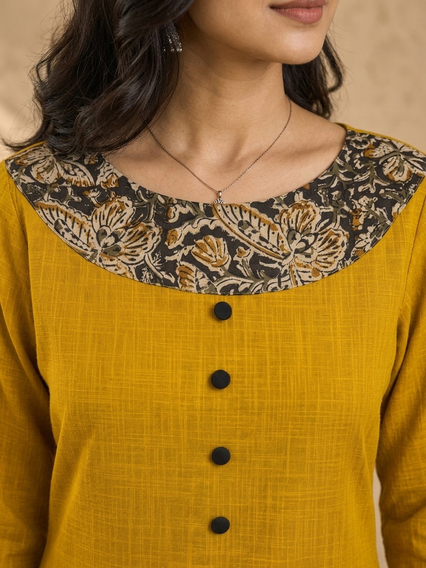 Vibrant Mustard Straight Cotton Kurta with Bold Kalamkari Floral Yoke & Sleeve Panel