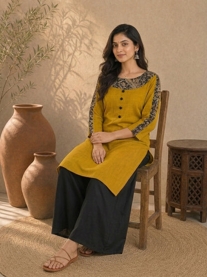 Vibrant Mustard Straight Cotton Kurta with Bold Kalamkari Floral Yoke & Sleeve Panel