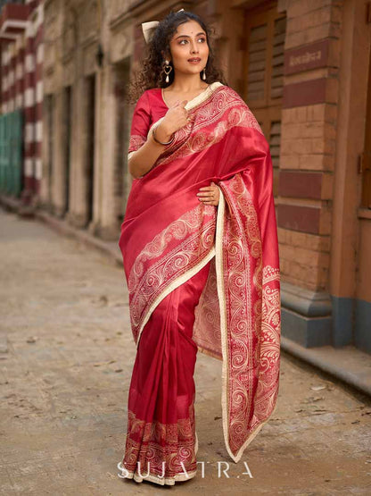 Blush Pink Art Silk Saree with Heritage Floral Print