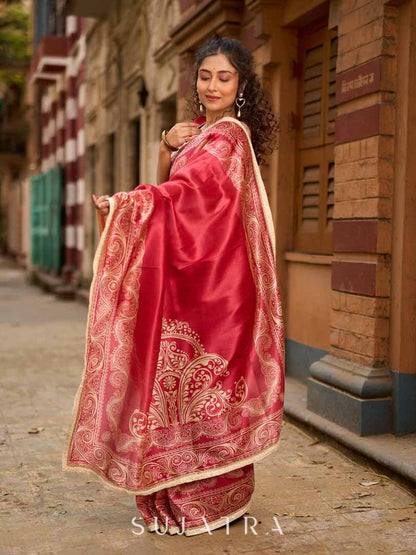 Blush Pink Art Silk Saree with Heritage Floral Print