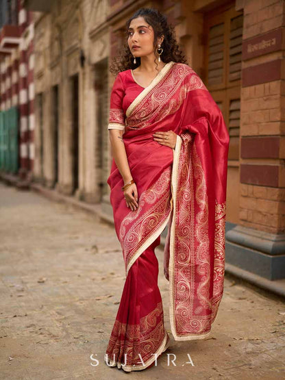 Blush Pink Art Silk Saree with Heritage Floral Print