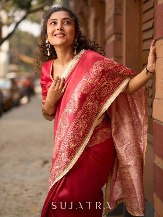 Blush Pink Art Silk Saree with Heritage Floral Print