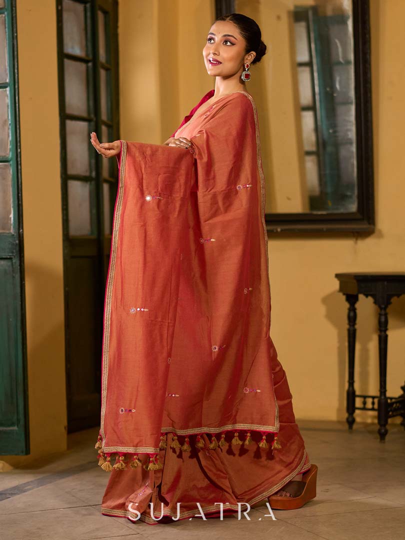 Warm Rust Saree with Fine Butti Embroidery and Classic Border Finish