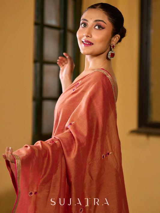Warm Rust Saree with Fine Butti Embroidery and Classic Border Finish